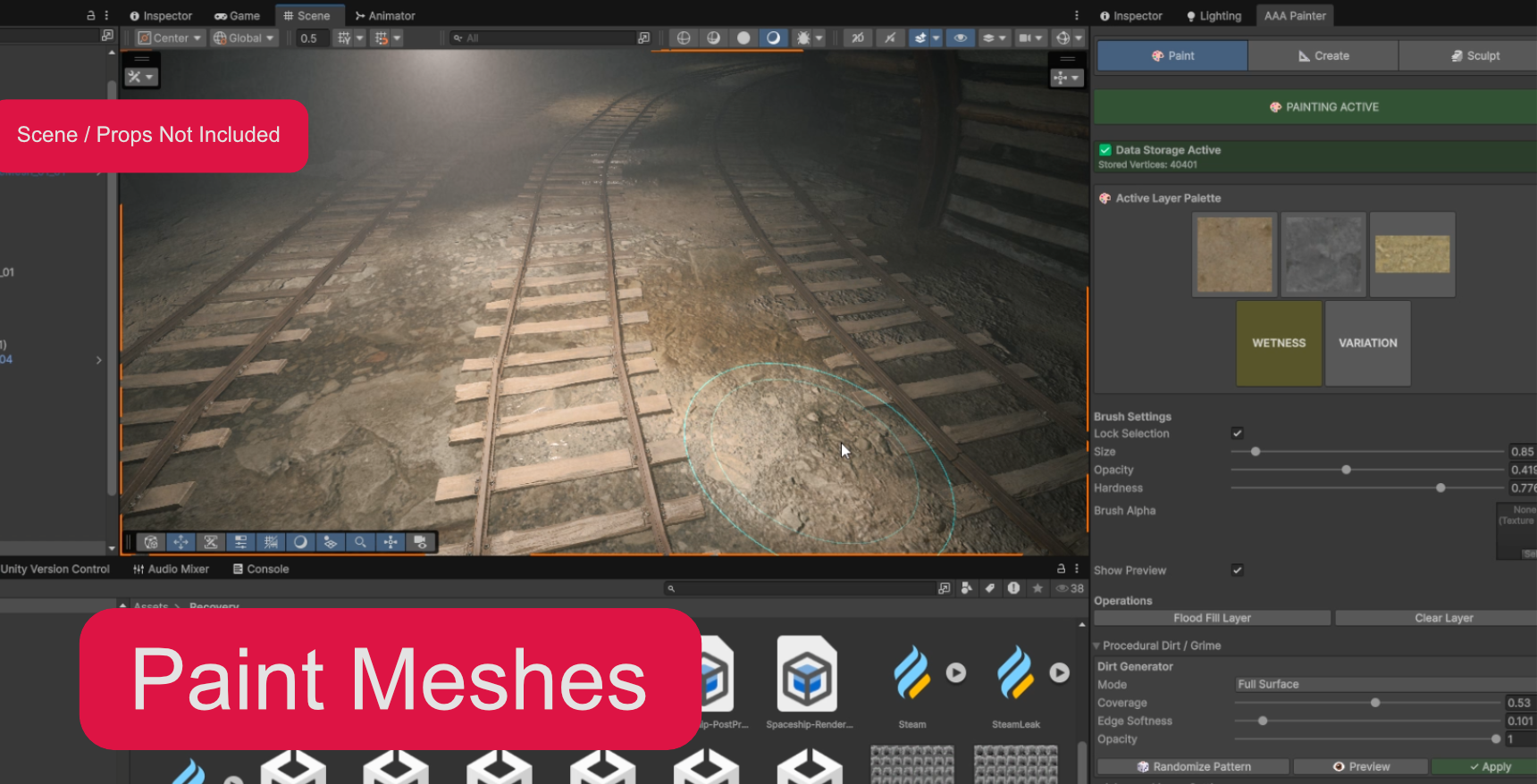 Unity editor screenshot of RealBlend painting workflow with active paint tab and brush controls