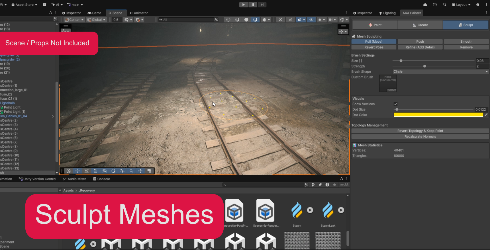 Unity editor screenshot of RealBlend sculpt workflow with pull, push, smooth, and topology controls